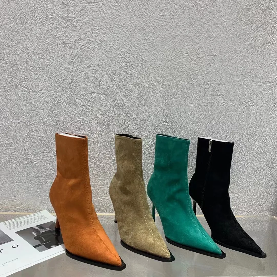 

Fashion Women Ankle Boots Flock Sexy Chelsea Booties Black Orange Green Pointed Toe Stretch Boots Side Zipper Thin High Heels