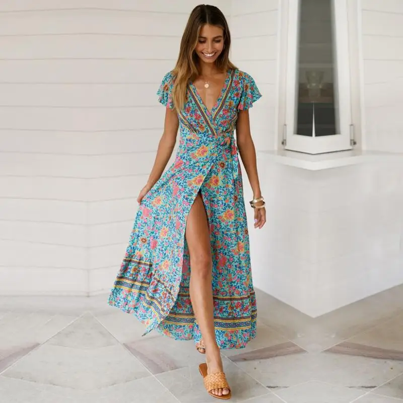 Длинный пуловер с цветочным принтом сексуальное пляжное платье из хлопка