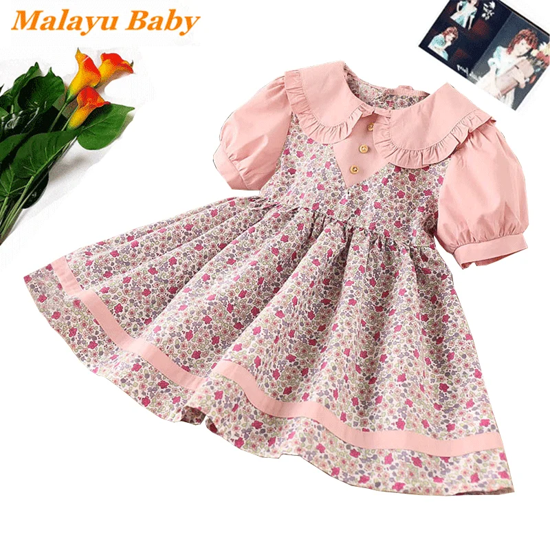 

Malayu Baby Girls Dresses 2021 Summer New Sweet Girl Floral Stitching Ruffle Princess Costume 2-6 Years Casual Child Clothing