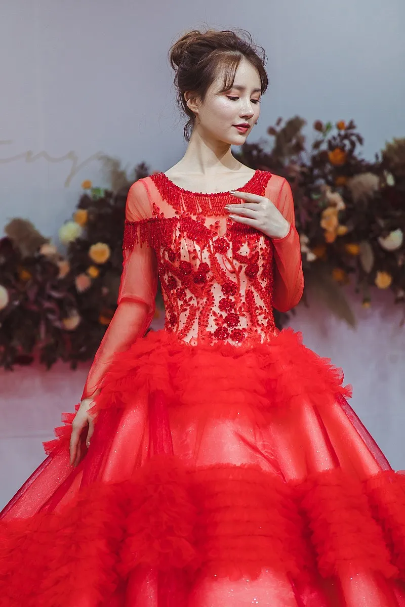 Красное красивое свадебное платье с бисером 2020 новый дизайн круглый вырез