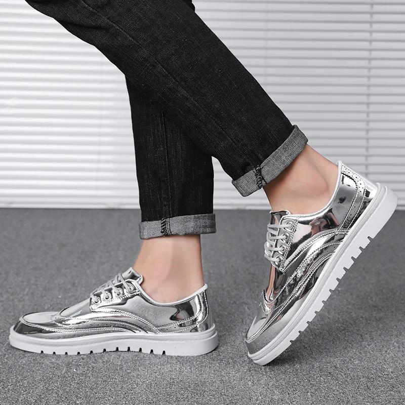 

BomKinta Glitter Luxury Leather Casual Shoes Men Glossy Bling Men Driving Shoes Gold Silver Moccasins Plus Size 46 Male Footwear