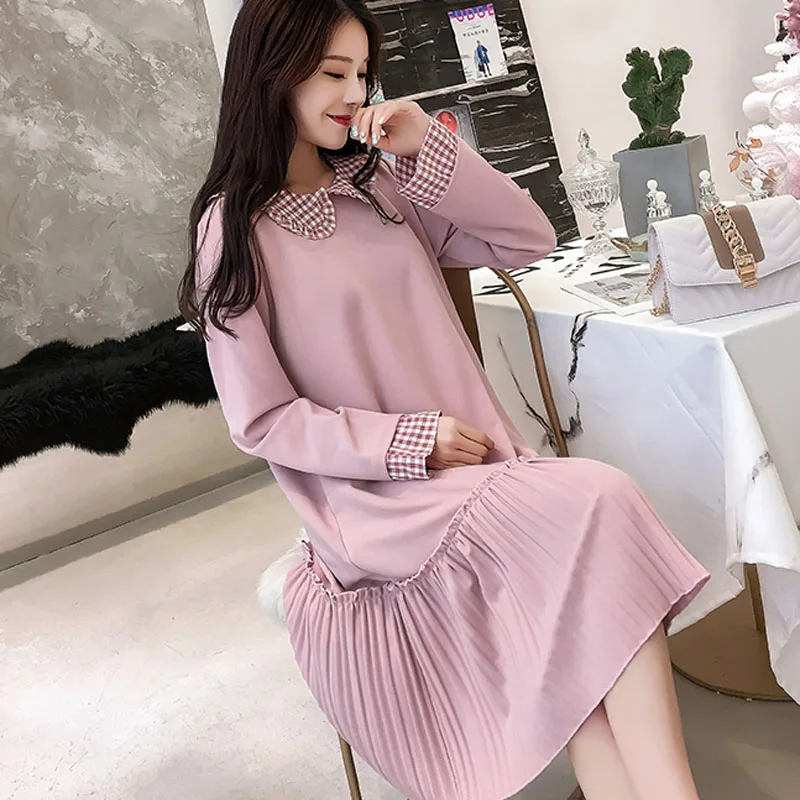 Осенние плиссированные платья Одежда для беременных женщин кукольный воротник с