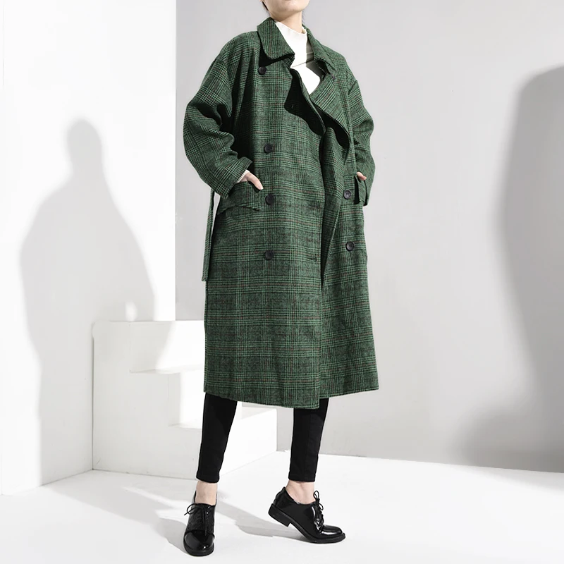 LANMREM 2018 модное осеннее двубортное повседневное свободное зеленое клетчатое