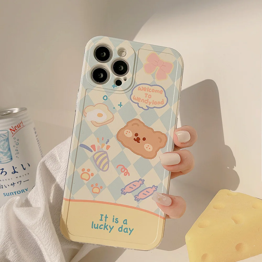 retro chocolate fried eggs bear art sweet kawaii phone case for iphone 13 12 11 pro max xs max xr 7 8 plus case cute soft cover free global shipping