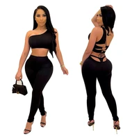 breathable fitness 2 pieces set sleeveless one shoulder backless crop top elastic high waist legging long pencil pants tracksuit