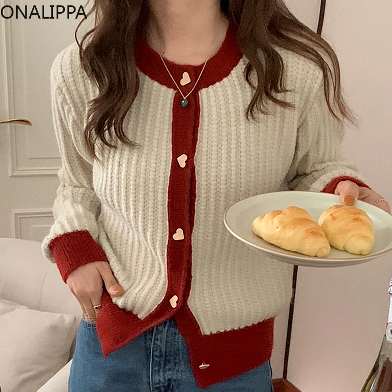 

Женский вязаный свитер ONALIPPA, однобортный Свободный кардиган с длинным рукавом и круглым вырезом, в Корейском стиле ретро, Осень-зима