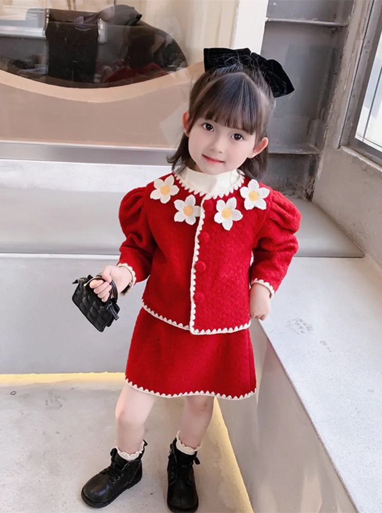 2021 Girls Baby Fashion Clothing Set Sweet Flowers Autumn Birthday Clothes Sets Jacket+skirts elegant Kids Children Outfits | Детская