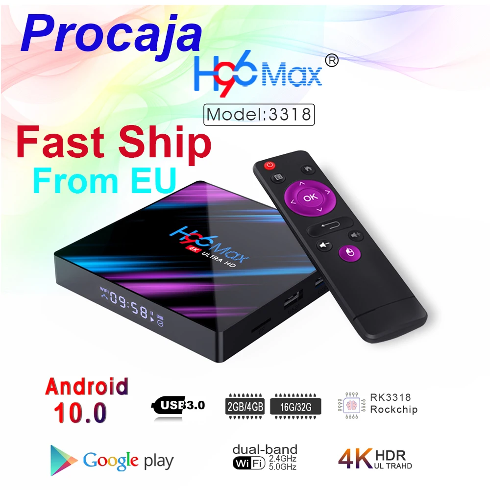 ТВ приставка Procaja H96 MAX Android 10 0 H96max TV Box 2 ГБ/4 Гб RAM + 16 Гб/32 ГБ ROM Rockchip RK3318 USB3.0 H.265 4K