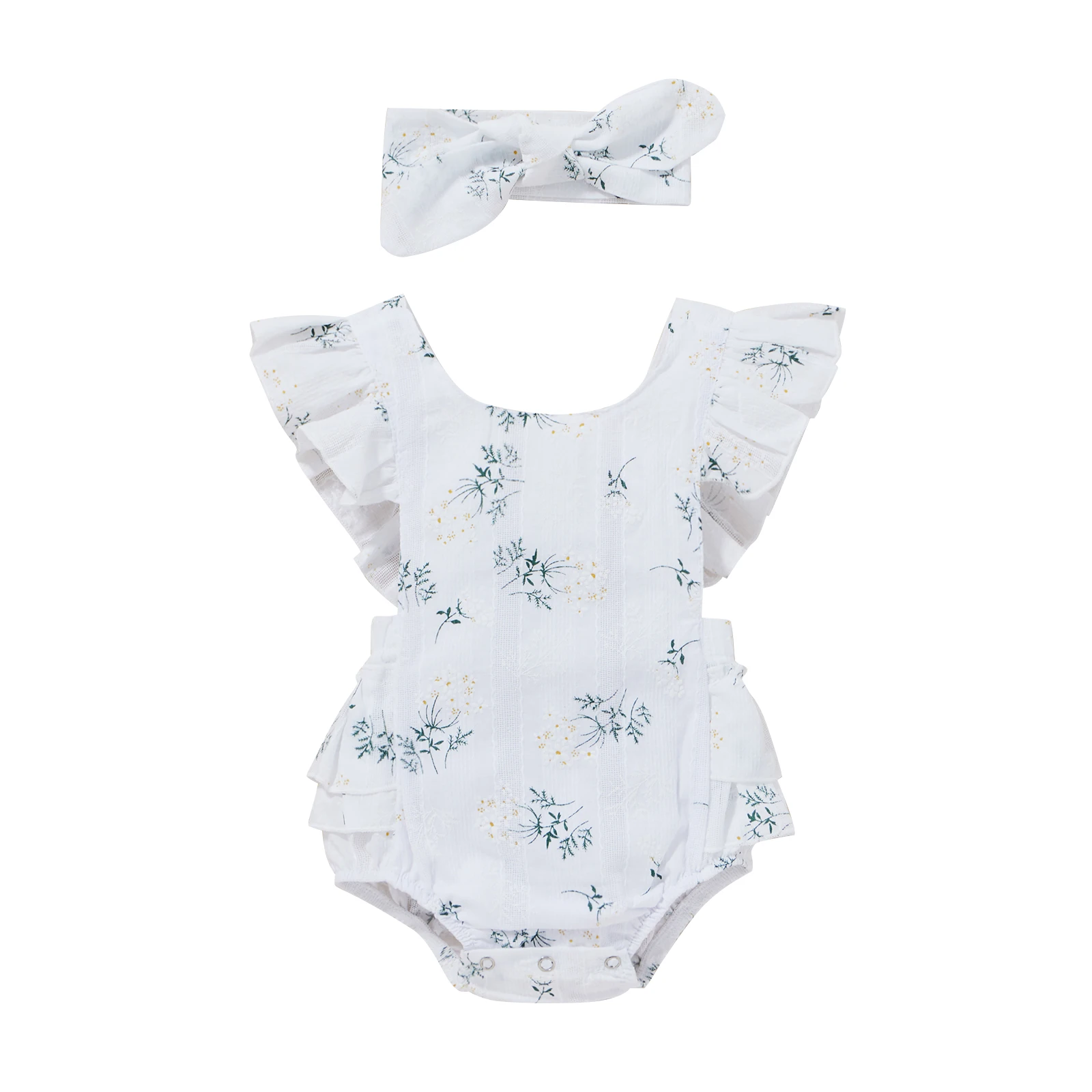 

Fly Sleeve Printed Romper Baby Romper with Hairband Kids Summer Flower Print Round Collar Bodysuit Headband, 0-24 Months