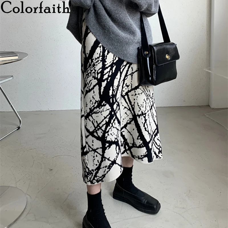 

Colorfaith, новинка 2022, одежда с принтом, Вязанная, высокая талия, корейская мода, винтажная, элегантная, весна-зима, женские длинные юбки SK3170JX