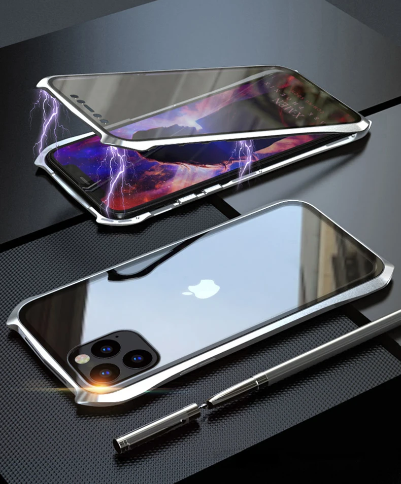 Двухсторонний задний+ передний стеклянный Магнитный чехол для Apple iPhone 11 Pro Max Роскошный Алюминиевый металлический бампер 360 Защитный чехол с петлей
