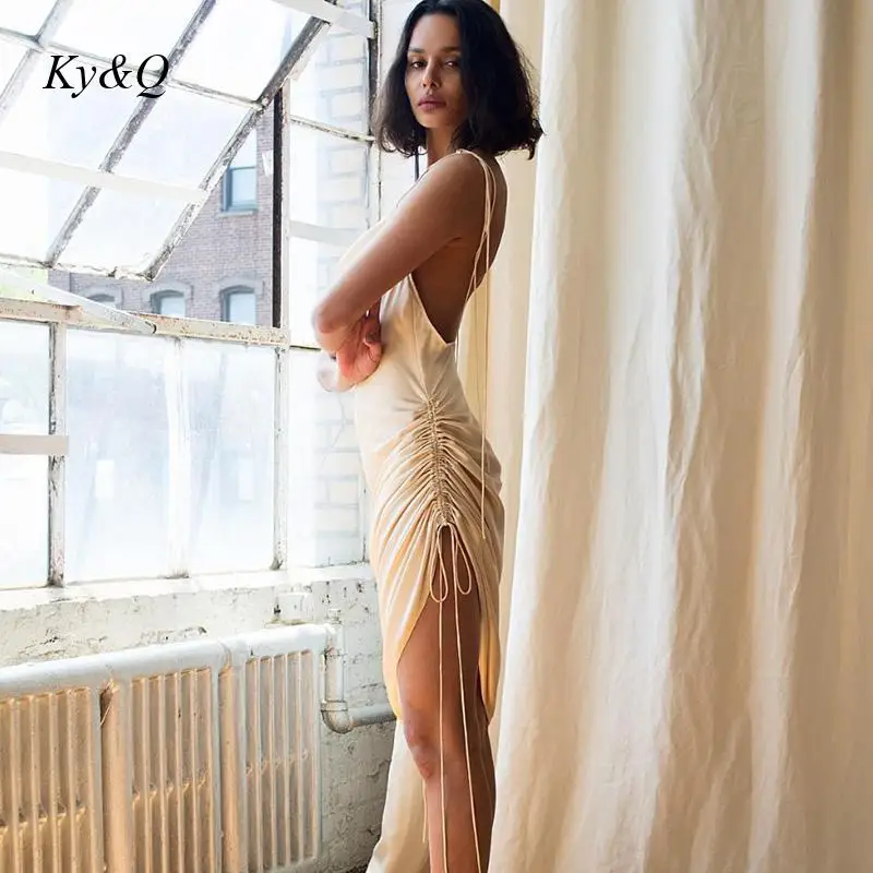 [Brand Low Price] Summer Simple Satin Pleating Suspender Dress Women Sexy Backless Bandage Dresses High Quality Clothes | Женская одежда