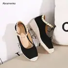 Сандалии женские холщовые с заклепками, босоножки на танкетке, закрытый носок, ремешок на щиколотке, средний каблук, туфли-лодочки на платформе, Повседневная летняя обувь, Размеры 35-41