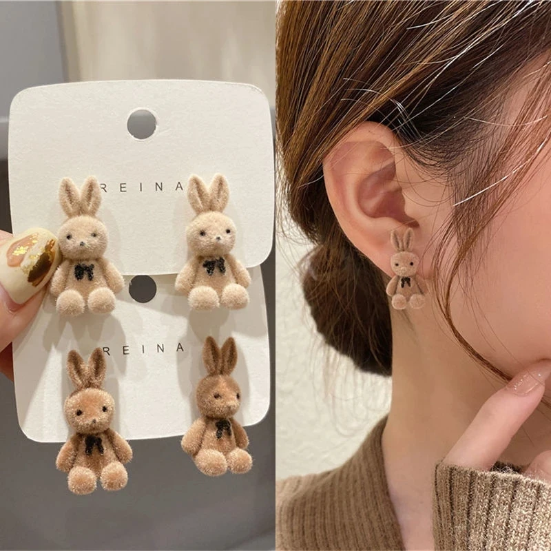 

Bear Earrings For Women Girls 2021 Fashion Korea Silver Needle Autumn And Winter Earrings Cute Flocking rabbit Ear Studs Jewelry