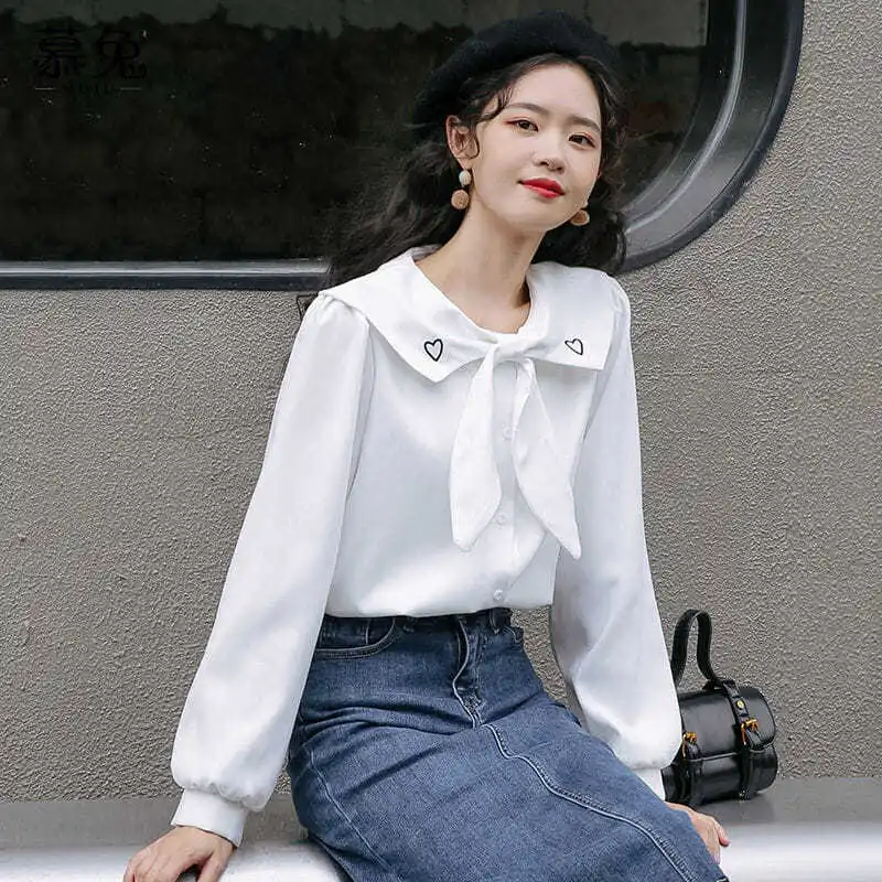 

QWEEK Kawaii Белая Блузка Весна вышивка рубашки с длинным рукавом для женщин в стиле преппи шарф воротник Топы на пуговицах 2022 Мода