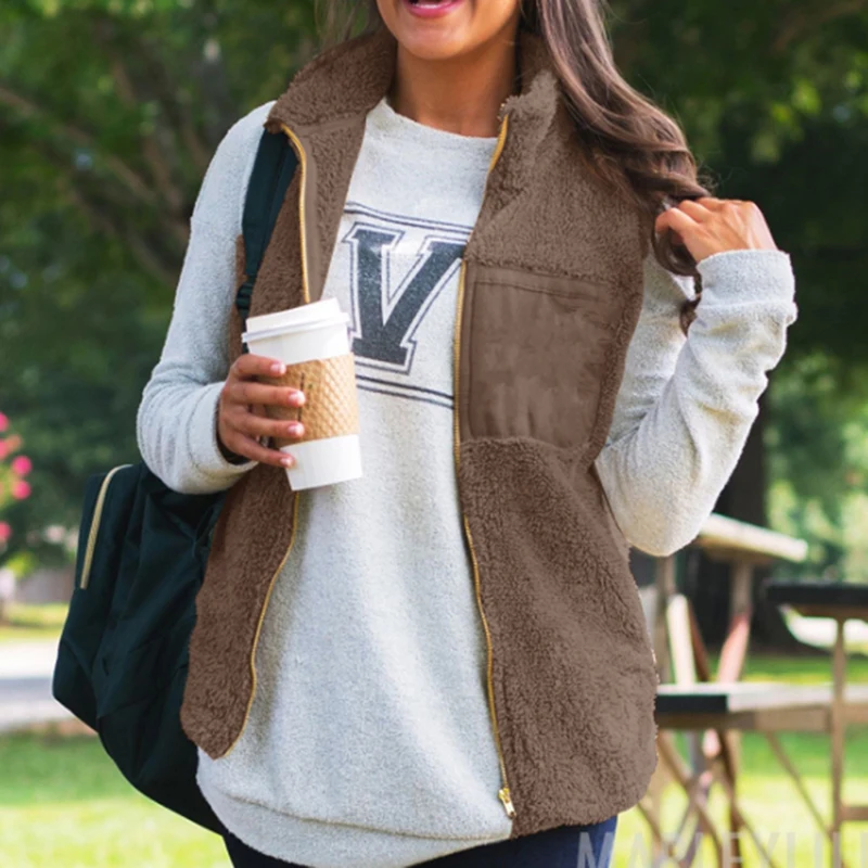 

Winter Women Vest Fashion Female Sleeveless Vest Jacket Outwear Casual Coat Faux Fur Zipper Jacket Fashion Slim Vest