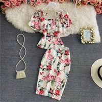 summer womens white floral skirt set ladies ruffled square neck printed top high waist bodycon skirt 2 piece set female outfits