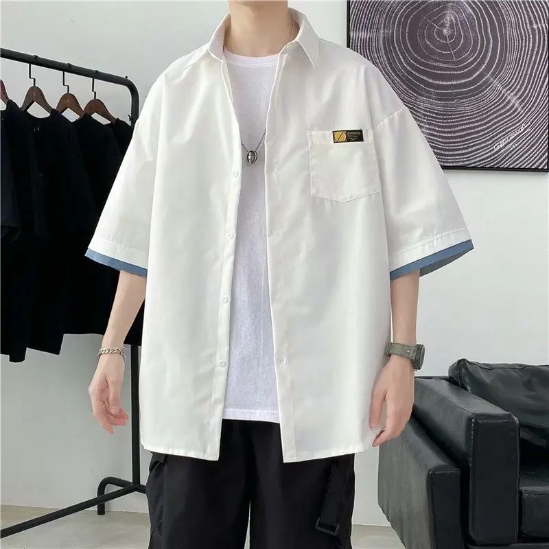 

Trendy Five-point Short-sleeved Shirt Pocket Summer Men's Casual Solid Color Loose Top Men's Clothing