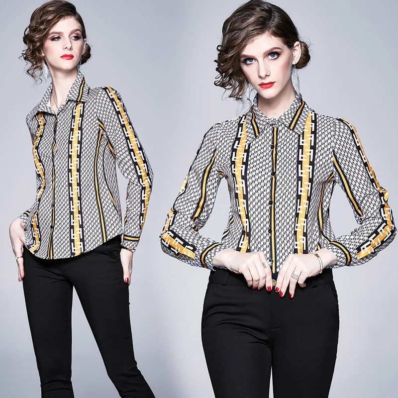 

Fashion High-Grade Blouse Print Elegant Office Lady Pullover Shirt Women Spring Long Sleeve Stripe Plaid Tops Blusas Streetwear