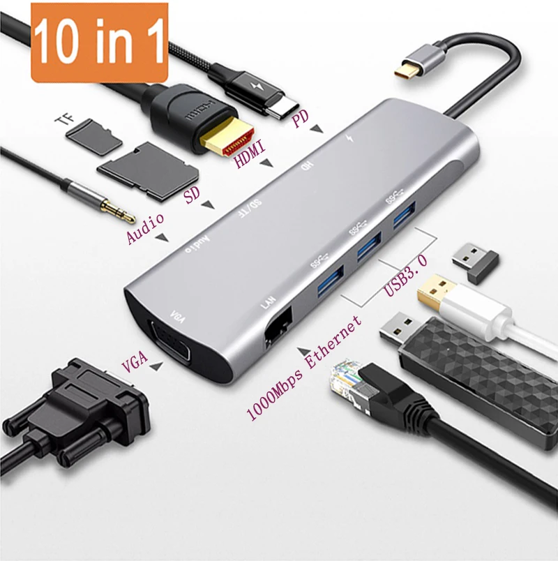 10in1/9in1 USB Type-c Thunderbolt 3 Hub to HDMI VGA 4K RJ45 USB3.0X3 Hub USB-C PD TF SD Slot Audio Cable Adapter for Macbook Pro