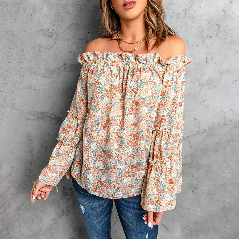 

Off Shoulder Top Women's Autumn and Winter New Broken Flower One Shoulder Sexy Long Sleeve Casual Chiffon Shirt