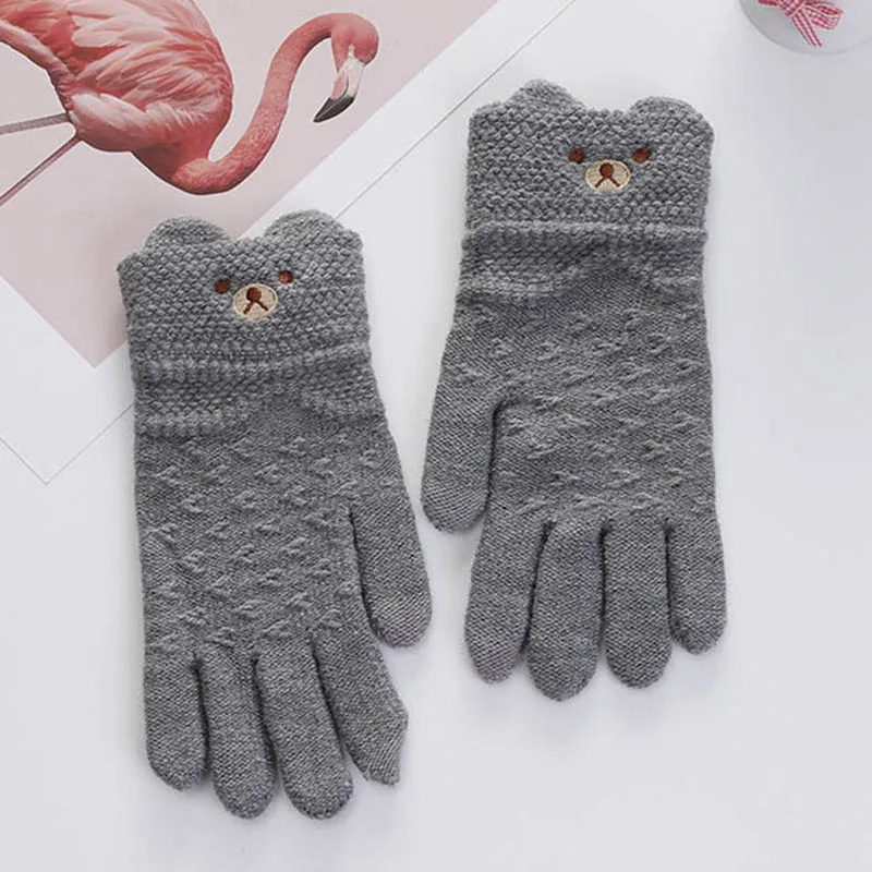 Женские зимние перчатки с милым медведем мягкие вязаные мультяшным принтом