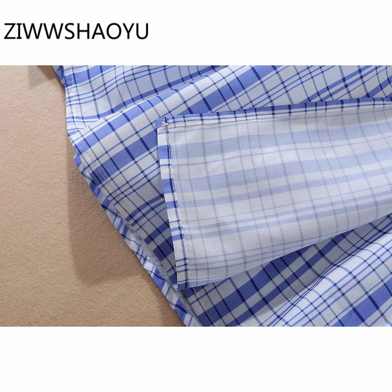 

ZIWWSHAOYU Autumn Women Fashion Office Midi Dresses Fashion Designer Ladies Blue Plaid Print Belt Split Off Shoulder Dress