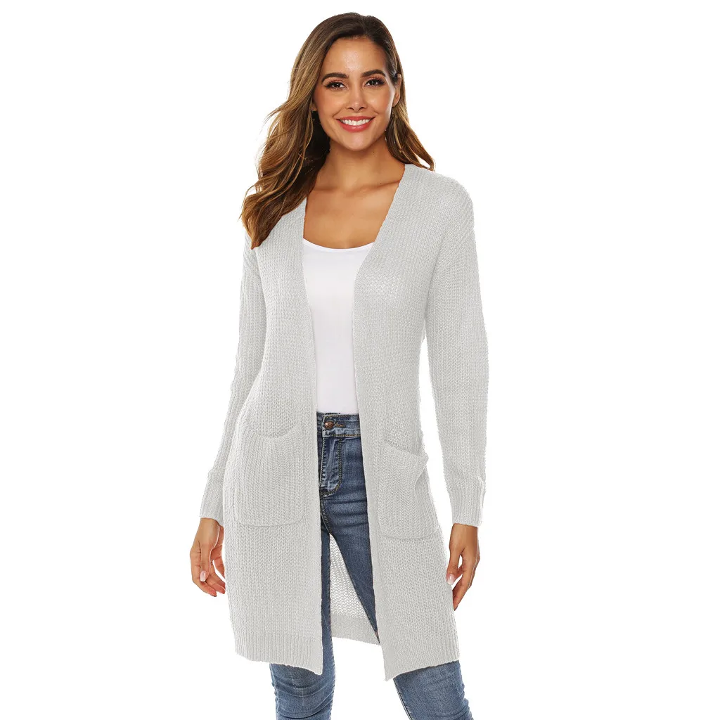 Модный женский кардиган свитер с длинным рукавом вязаный открытый плащ