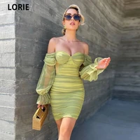 lorie 2021 grass green organza short prom dresses fashion puff sleeves pleat sweetheart above knee length formal party gown