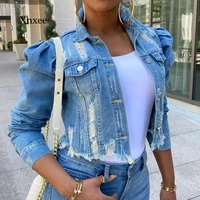2020 spring new puff sleeve crop denim jackets women turn down collar buttons frayed ripped hole jean coat pockets bomber jacket