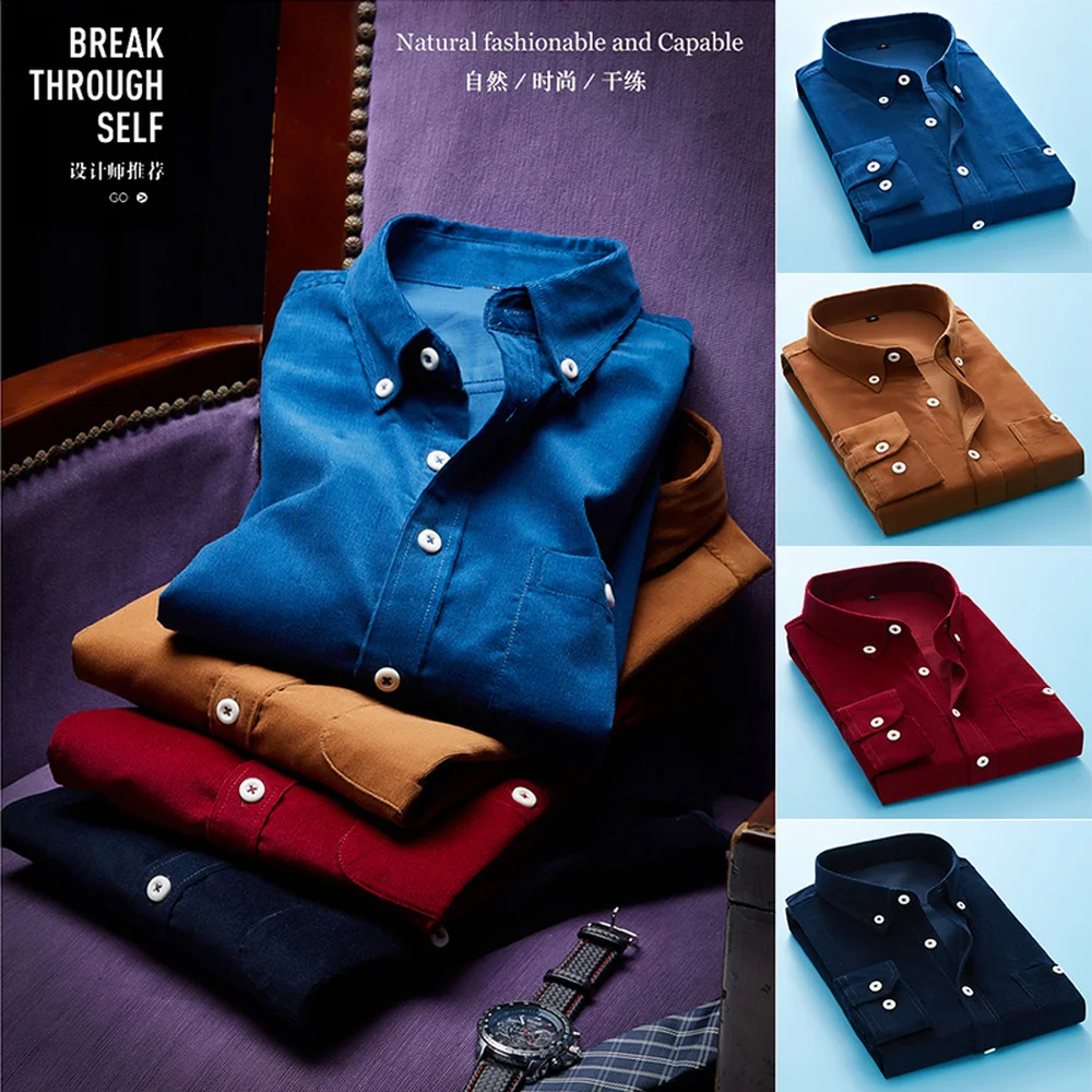 

Рубашка мужская Вельветовая с длинным рукавом, модная Повседневная Удобная сорочка с воротником на пуговицах, однотонная