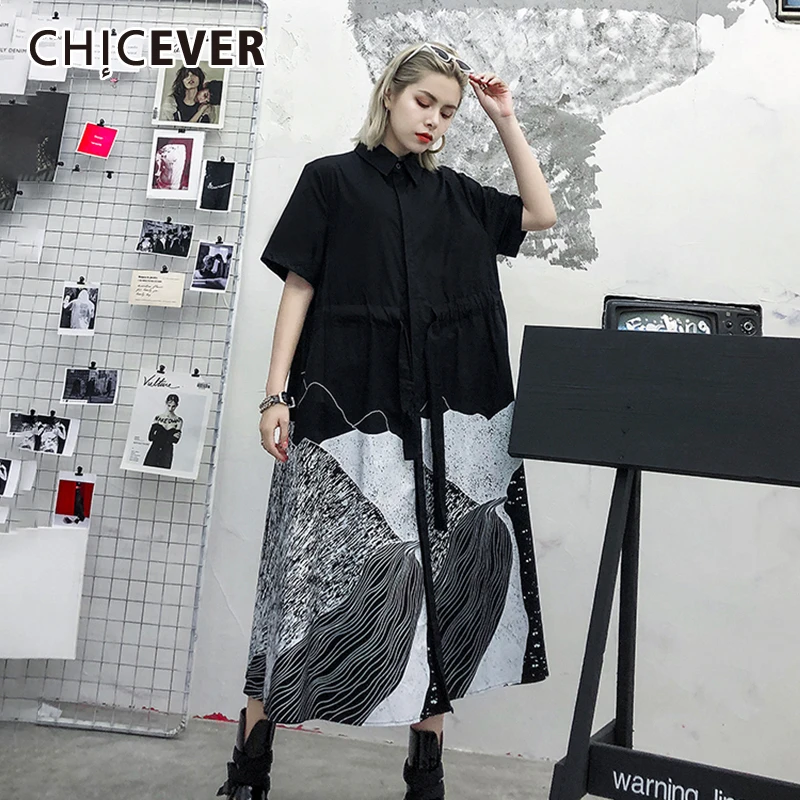 CHICEVER винтажное платье с принтом женское отворотом коротким рукавом свободное