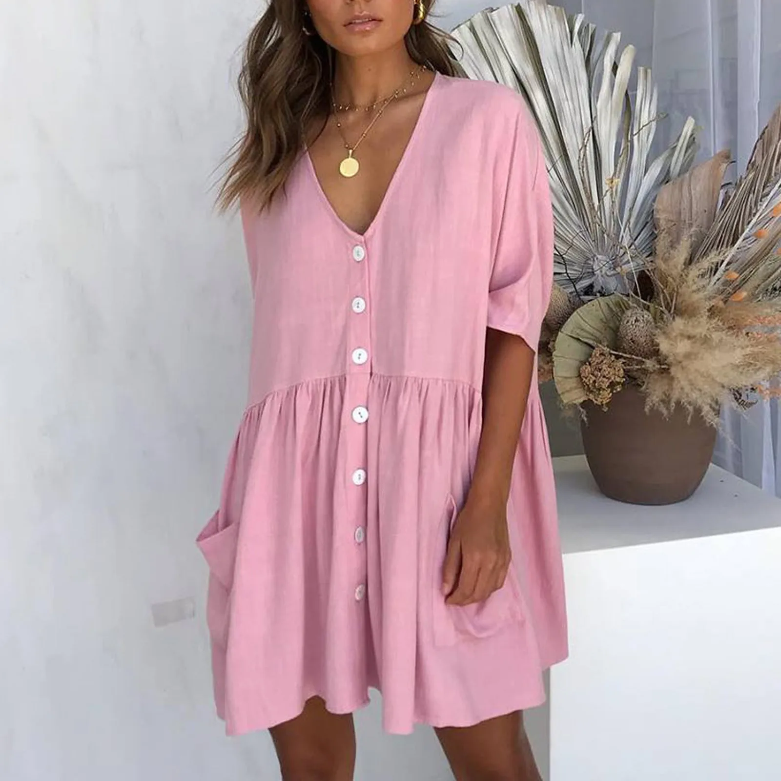 

40# Elegant Dress Women V-neck Button Pocket Dress Solid Short Sleeve Ruffle Summer Dress Vintage Dresses For Women Vestido
