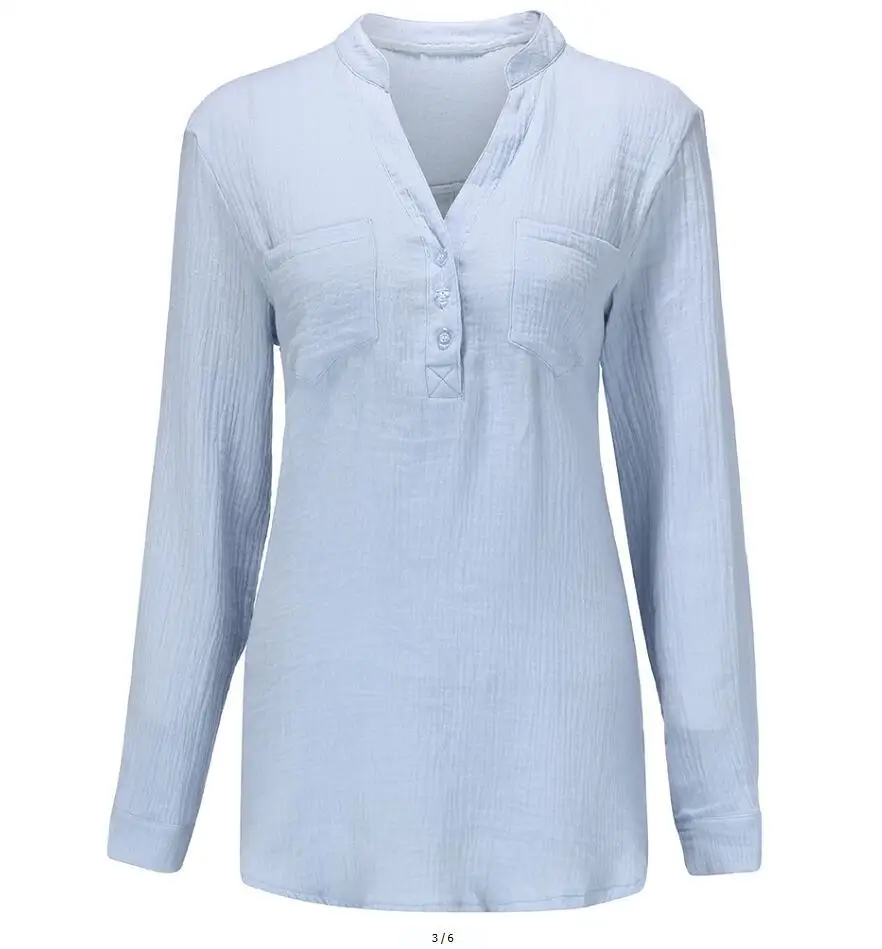 

Women Blouse 2020 New Spring Autumn Top Fashion Womens Casual Solid Color V-neck Pocket Cotton Linen Loose Shirts Tops Plus Size