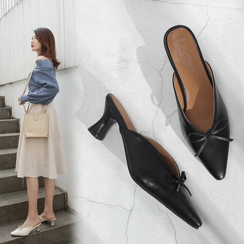 Мюли женские на высоком каблуке сандалии без застежки брендовые шлепанцы лоферы