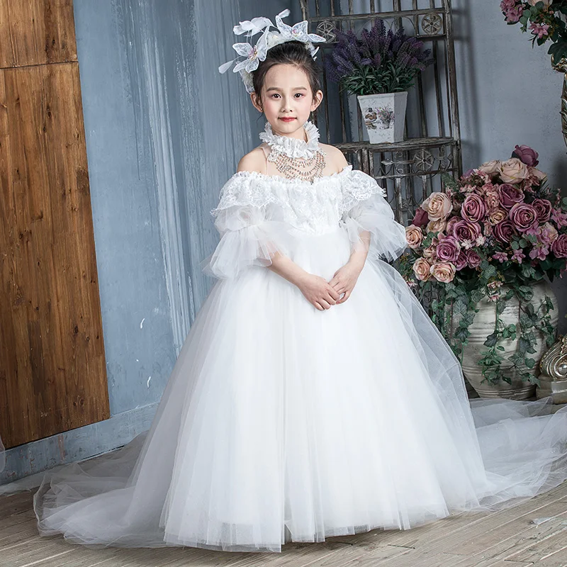 

Baby Children Dress Princess Dress Girls Fluffy Yarn Flower Girl Wedding Tail Super Long Little Girl Catwalk Piano Costume
