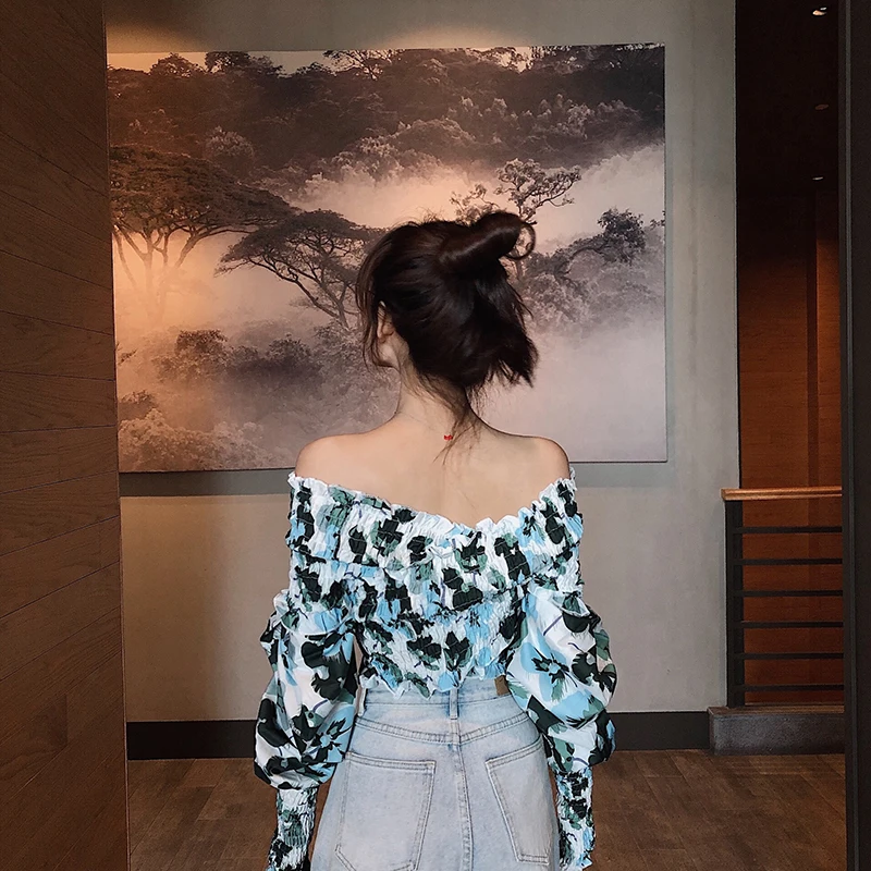 

slash neck puff sleeve print sexy full off shoulder crop top shirts Women's Clothing Spring and autumn high quality fashion tops