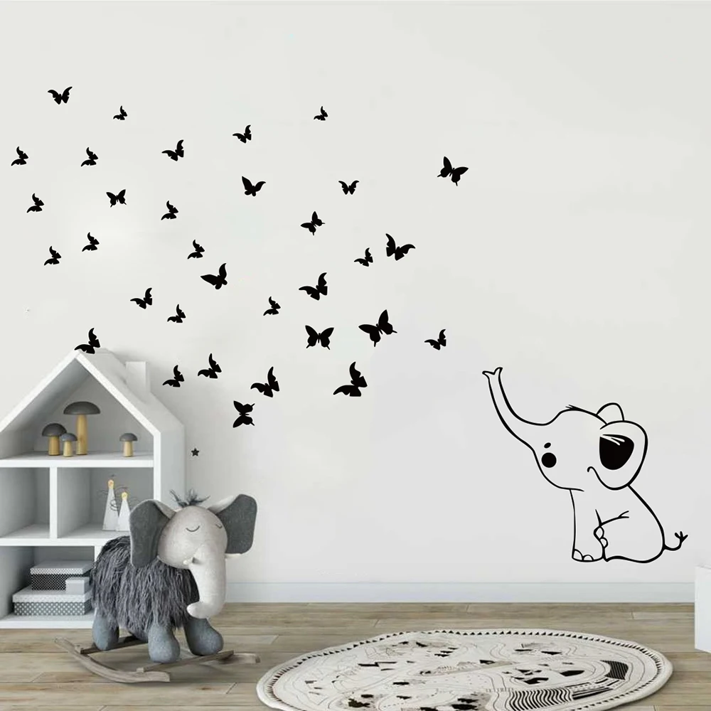 Большая мультяшная Наклейка на стену в виде слона и бабочек детская комната