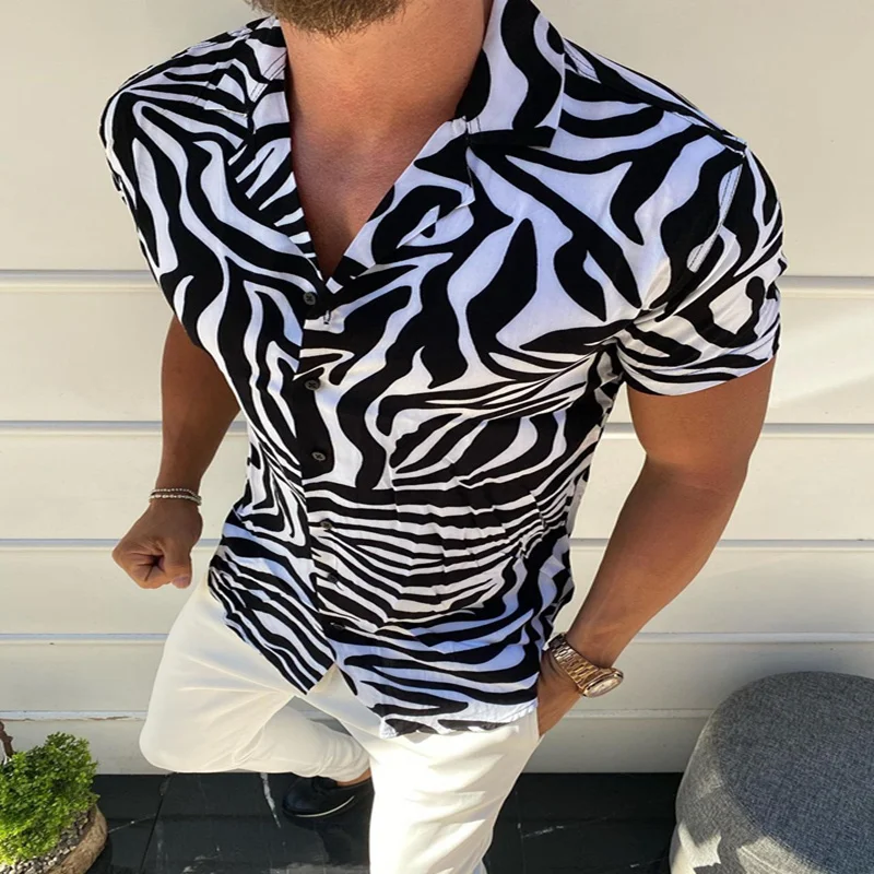 

Mens Single Breasted Shirts Short Sleeves Lapel Black White Printed Tops Fitness Mens Shirts Party Casual Menswear