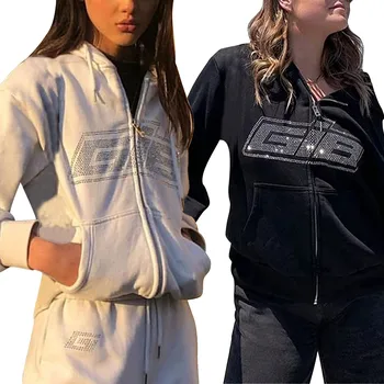 Black White Y2K Tops Women's Rhinestone Letter Print Long Sleeve Sweatshirt Hoodis Zipper Loose Coat jackets for women hooded 1