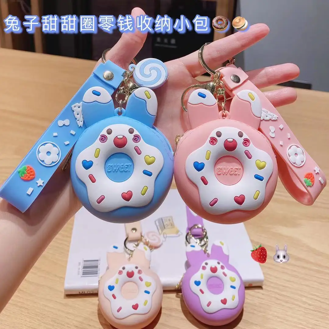 

Creative Cartoon Cute Bunny Donuts Coin Purse Keychain Pouch Headset Bag Silicone Bag Key Chain Accessories Keychains Charms