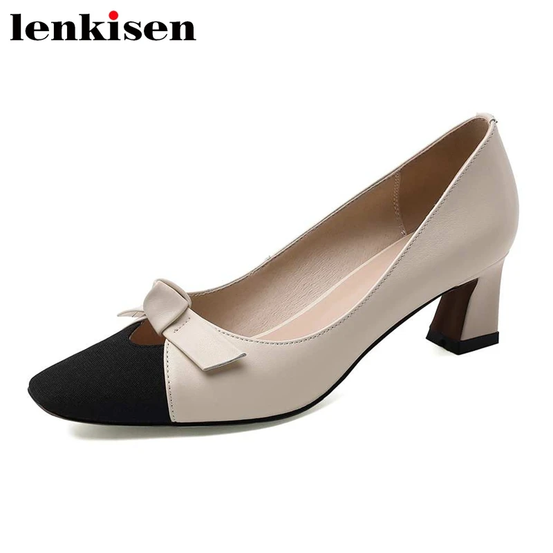 

Lenkisen summer full grain leather small square toe high heels high street fashion shallow bowtie office lady dating pumps L06