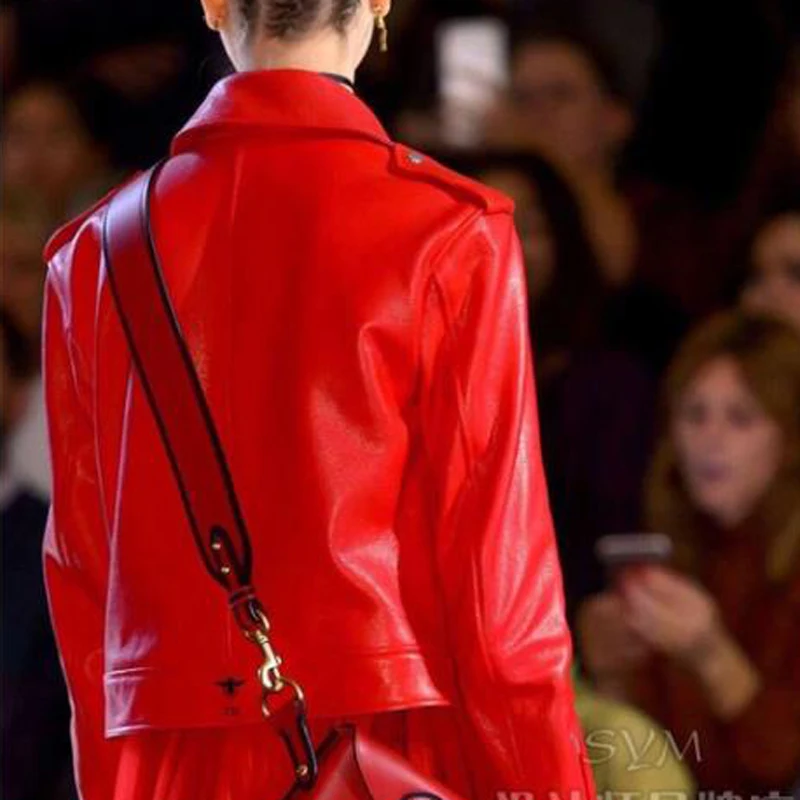 Women Automotive Genuine Leather Jacket and Coats Red and Black High Street Real Sheep Leather Jackets Ladys Fashion Streetwear