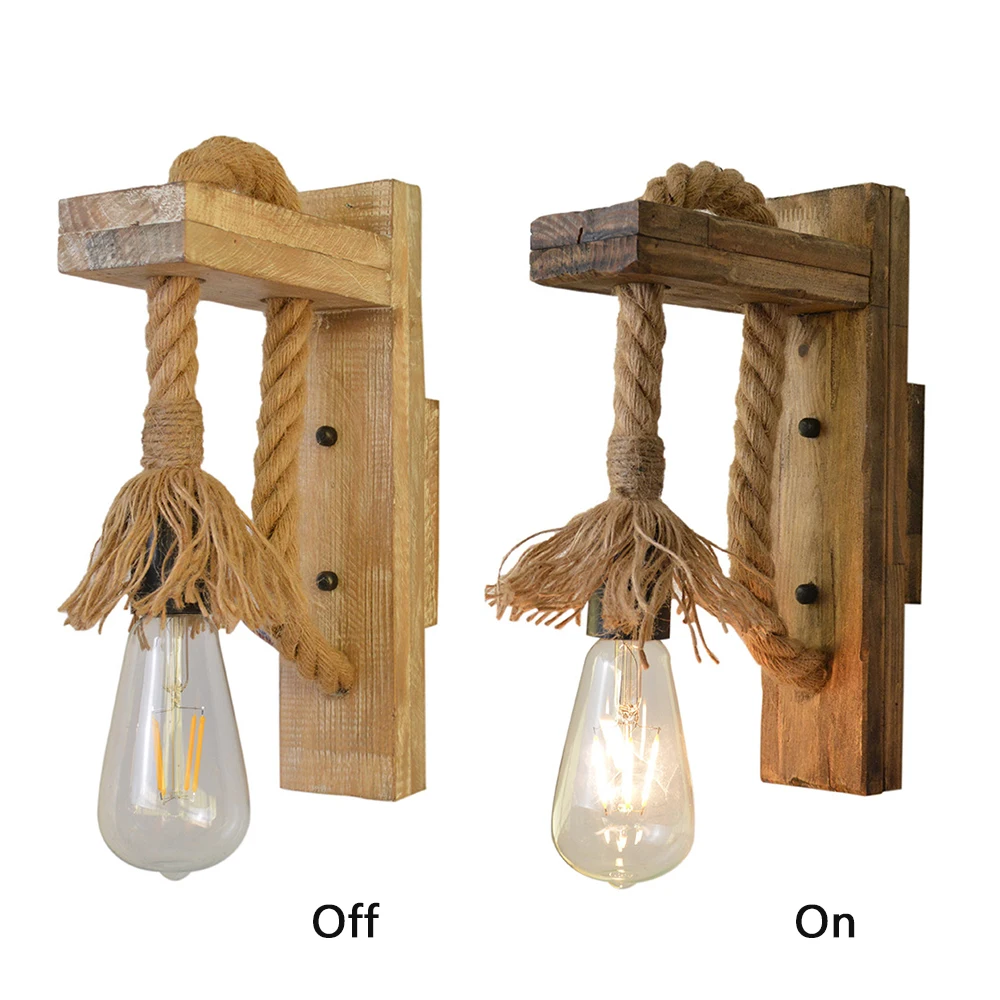 Настенный светильник в стиле ретро деревянный настенный из пеньковой веревки