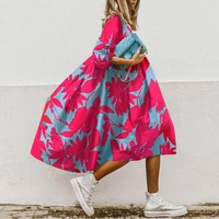 fashion womens autumn dress vintage floral printed female o neck 34 sleeves robe casual cotton sundress fluffy skirt