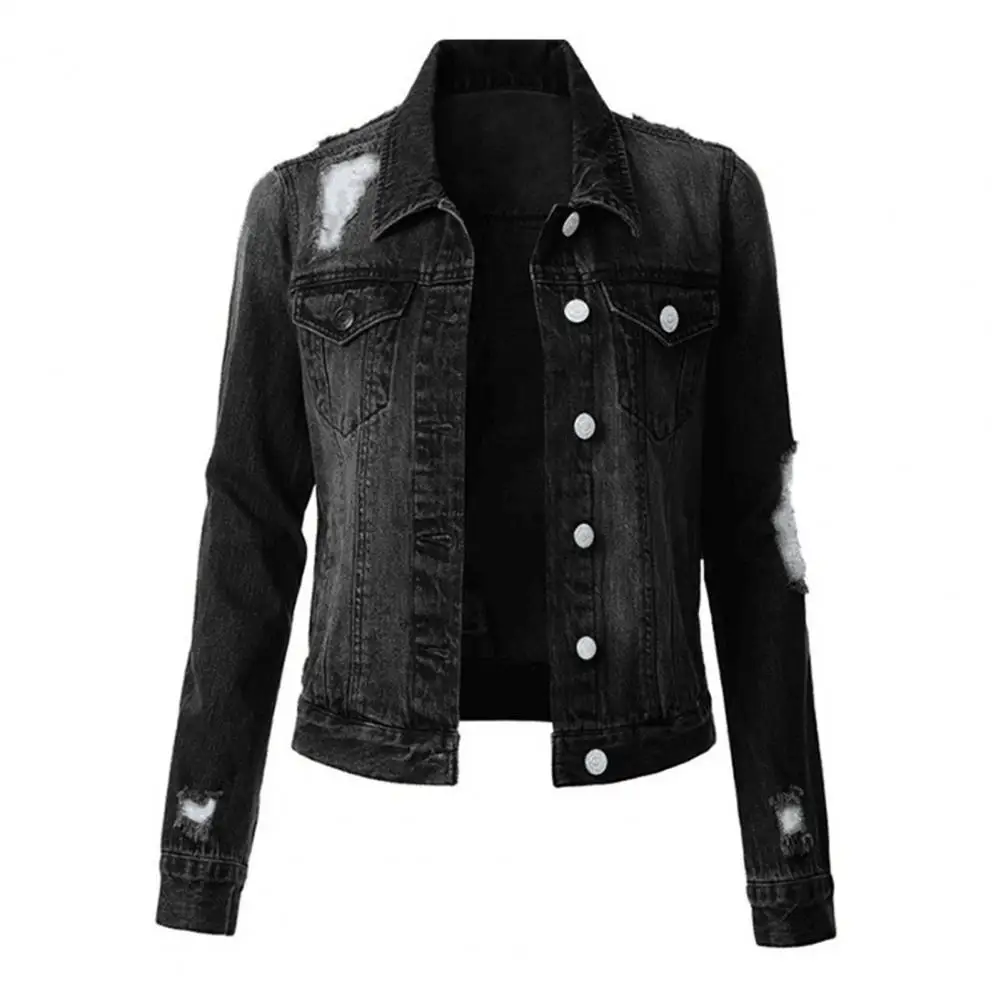 

2021 Autumn Polyester Cotton Denim Coat Solid Color Ripped Autumn Winter Washed Single Breasted Lapel Jeans Jacket Streetwear