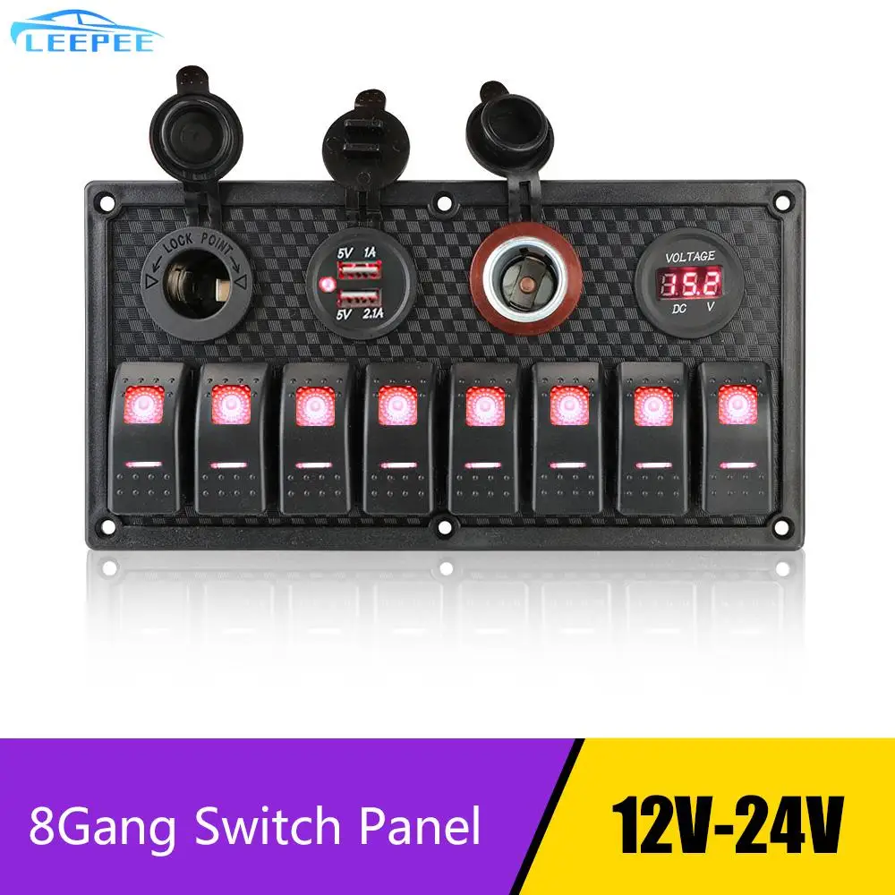 

8 Gang Switch Panel 12V/24V Waterproof Digital Voltmeter Car Marine RV Circuit LED Breaker Dual USB Cigarette Lighter Socket
