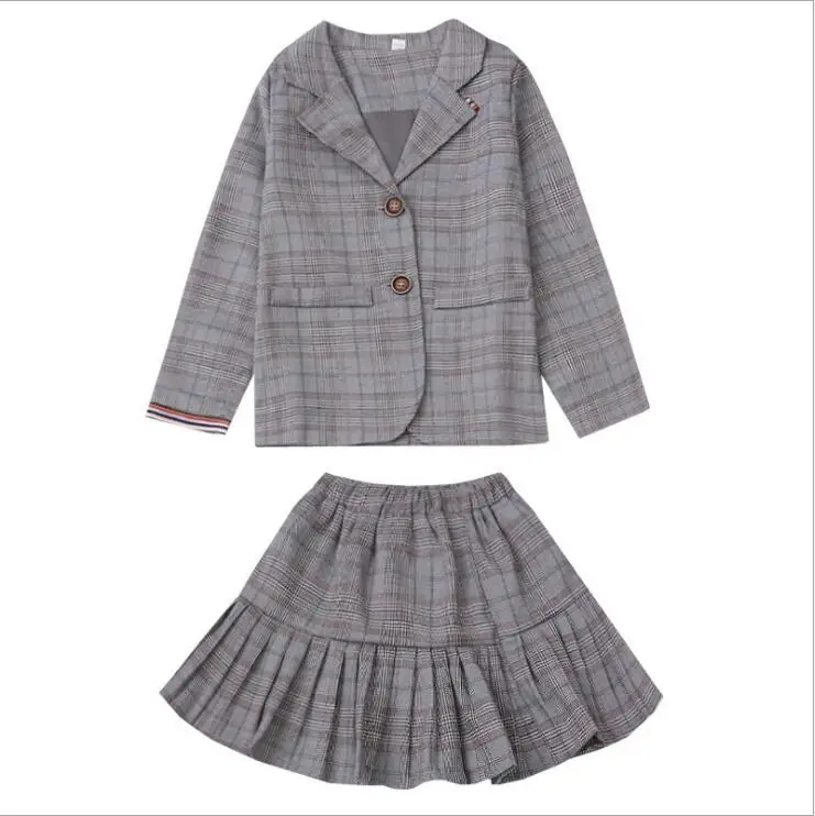 Весенняя одежда для девочек деловой костюм клетчатые пальто и юбка комплекты