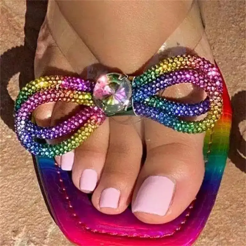 

2021 New Women's Shoes Fashion Casual Color PU Shiny Color Rhinestone Bow Open Toe Flat Heel Soft and Comfortable Sandals 6KF103