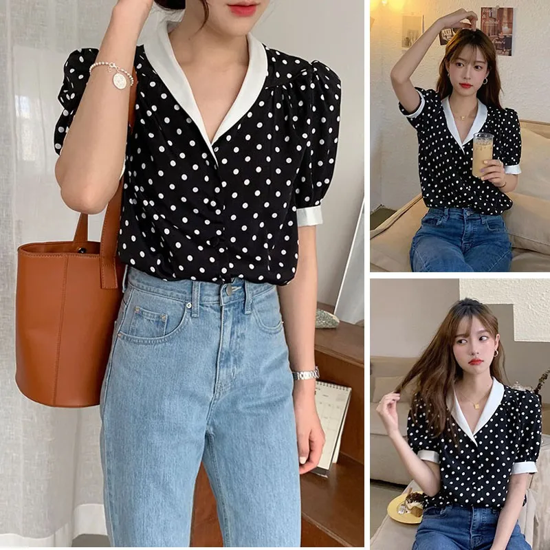 

Women Korean Temperament T-shirt Wave Point Chiffon Shirt Female Summer V-neck Was Thin Short Sleeve Shirt Shirt Hot Sale